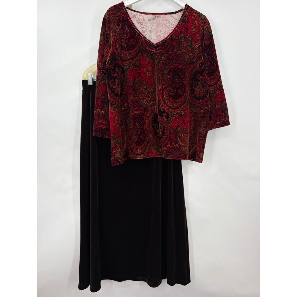 Vtg 1X Velvet Paisley Top Maxi Skirt Set Burgundy Brown Fairy Grunge Whimsigoth
